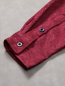 Manfinity EMRG Men's Casual Vacation Style Fashion Jacquard Rhinestone Embellished Long Sleeve Shirt And Drawstring Waist Long Pants Set, Spring/Autumn - Red - View 7