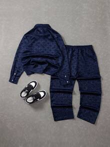 Manfinity EMRG 男士休闲提花前扣长袖衬衫长裤套装，秋季款 - 藏蓝色 - 查看 2