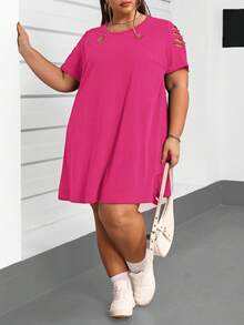 SHEIN CURVE+ Plus Size Round Neck Short Sleeve A-Line Distressed Basic Loose Knit T-Shirt Dress Plus Size T Shirt Dress Women Plus Size Dress Pink Plus Size Dress