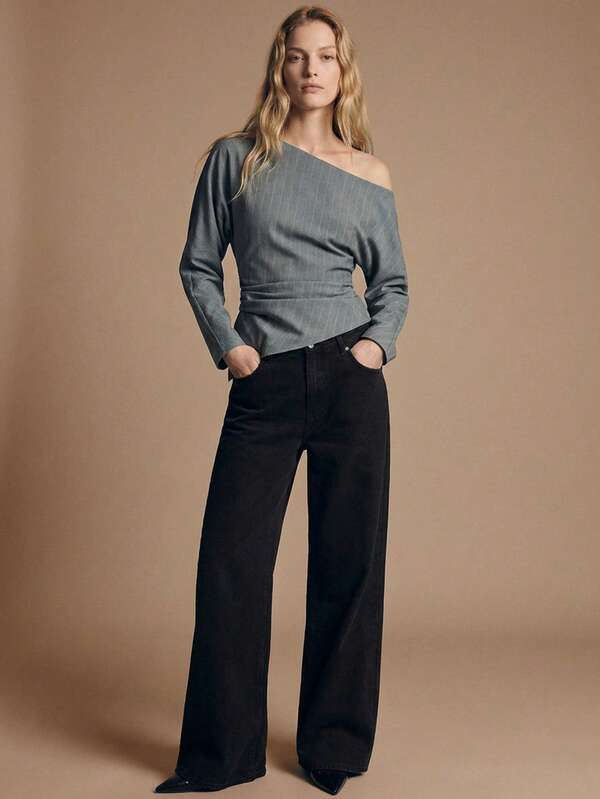 Maija 2026 Urban Casual Vintage Style Grey Striped Asymmetric Neck Women Long Sleeve Top, Winter, Winter For Women, Summer Tops, New Year, Elegant Women's Blouses, Women's Social Blouse, Women's Formal Wear, Unmatched Design, Long-Sleeved Striped Top For Women, Modern City One Shoulder Top Asymmetrical Top Pinstripe Top