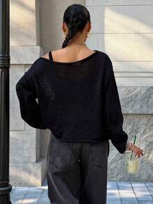 Muchica Women's Distressed Black Knit Pullover Sweater - Black - View 2