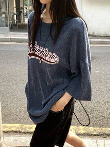 DAZY 女士圆领字母刺绣休闲宽松通勤长袖T恤图案T恤 - 藍色 - 查看 2