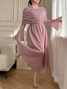 DAZY 春夏雪纺二合一披肩领连衣裙，粉色，优雅百搭，适合情人节、婚礼、派对、正式场合，时尚修身，喇叭袖，中长款婚礼宾客连衣裙 - 淺粉色 - 查看 3