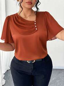 Elenzga Plus Size Asymmetrical Ruffle Collar Button Decor Short Sleeve Elegant Blouse - Orange - View 3