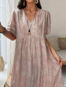 Vivie Lora 女士V领亮面宽松长款连衣裙夏季吊带裙 - 粉色 - 查看 2