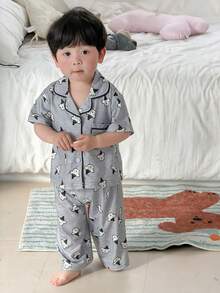 两件套幼儿男童卡通印花翻领休闲衬衫上衣和裤子舒适睡衣套装 - 灰色 - 查看 3