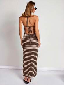 COSMINA Women's Striped Print Halter Backless Dress - Coffee Brown - View 3