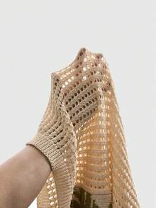 ROMWE MEN 空心棕榈树钩针编织Polo领短袖针织上衣，休闲轻松的夏季度假风 - 杏色 - 查看 5