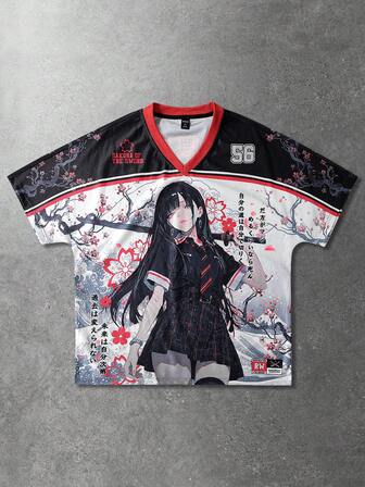 Herren Anime-Muster Kurzarm T-Shirt, geeignet für Frühling/Sommer