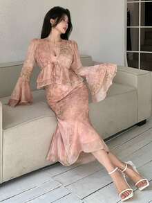 DAZY Bộ đồ 2 món dành cho nữ: váy hai dây cổ chữ V họa tiết hoa thanh lịch, viền bèo nhún, thích hợp cho mùa xuân/hè, váy dự tiệc cưới. - Hồng - Xem 3