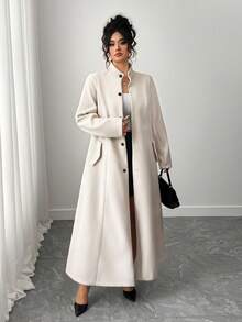 Elenzga Plus Size High-End Cinched Waist Flared Hem Overcoat, Autumn/Winter Fall Cloth For Women - Beige - View 6