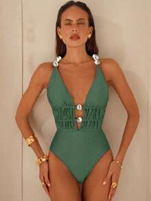 Swim Chiccia 女士纯色细肩带串珠装饰交叉后背系带串珠连体泳衣 - 綠色 - 查看 6