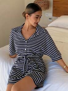 DAZY Women's Minimalist Striped Short Jumpsuit Loungewear - Blue - View 9