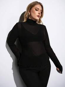 Maija 大码女式高领长袖修身透视上衣，都市通勤商务休闲基础款上衣，黑色透视上衣 - 黑色 - 查看 7