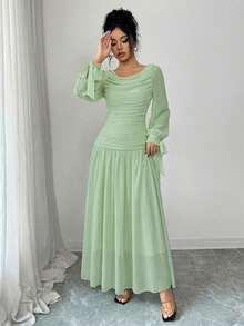 Elenzga 女士优雅雪纺连衣裙，荷叶边领口，灯笼袖，系带腰身设计，适合鸡尾酒会、婚礼、毕业典礼、万圣节、圣诞节、沙特国庆日、新年等正式场合，棕色 - 綠色 - 查看 4