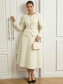 Aveloria Rosie 女士优雅法式长袖单排扣外套和A字中长裙套装，晚礼服 - 米色 - 查看 7