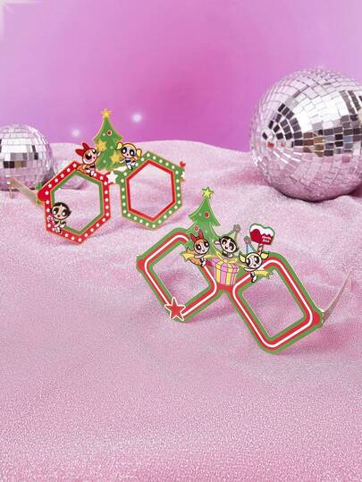 THE POWERPUFF GIRLS X SHEIN 2pcs Cute Cartoon Animal Pattern Paper Party Glasses