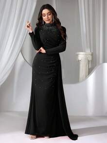 Coutiva 女士立领仿珍珠装饰长款晚礼服 - 黑色 - 查看 6