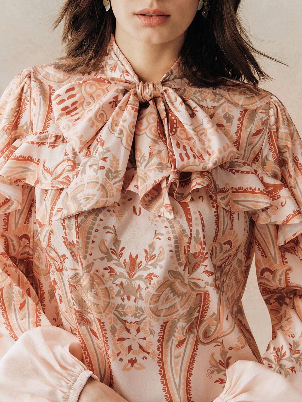 Anewsta Elegant Women's Peach Pink Floral Print Long Sleeve Blouse,Delicate Ruffle Sleeve,Autumn Tea Party Western 70s Tops,Valentine's Day Holiday Blouse