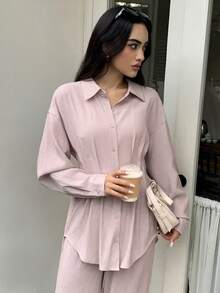 Solavon 新款复古束腰衬衫和抽绳长裤两件套，休闲百搭，适合日常穿着和度假 - 粉色 - 查看 2