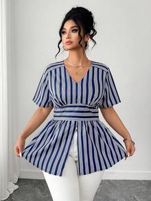 Elenzga Camisa ajustada de manga corta con cuello en V y rayas para mujer de talla grande - Azul Marino - Ver 4