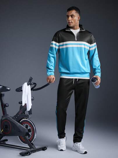 Driftmere Men's Fashion Colorblock Striped Patchwork Half-Zip Sweatshirt And Pants Set, Fall Clothes