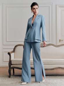 Anewsta Elegant Women's Suit With Waist Cinching, Architectural Pleated Trim Blazer And Flared Leg Pants With Side Slit, 2 Pieces Set - Blue - View 3