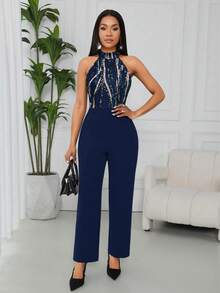 Lyxana Women's Elegant Printed Halter Jumpsuit - Navy Blue - View 5