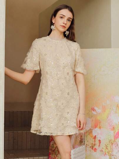 MOTF PREMIUM VESTIDO DE MANGA ABULLONADA CON MALLA DE CONTRASTE