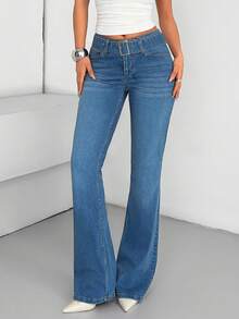 SHEIN Cottnline Low Waist Belted Flare Jeans - Medium Wash - View 6