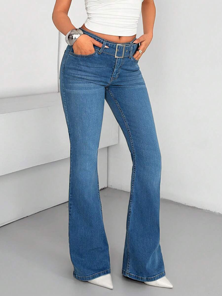SHEIN Cottnline Low Waist Belted Flare Jeans - Medium Wash - View 1