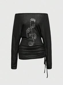 ROMWE Grunge Punk 朋克风交叉铆钉露肩加大码女式长袖T恤 - 黑色 - 查看 1