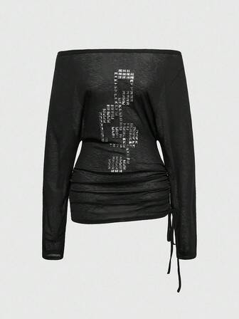 Grunge Punk Punk-Stil Kreuz Nieten Off-Shoulder Damen Große Größen Langarm T-Shirt Top