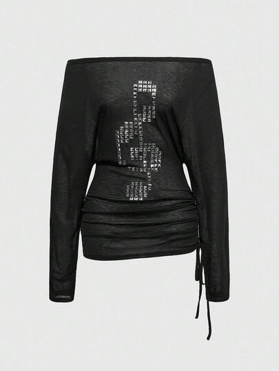 Grunge Punk Punk-Stil Kreuz Nieten Off-Shoulder Damen Große Größen Langarm T-Shirt Top