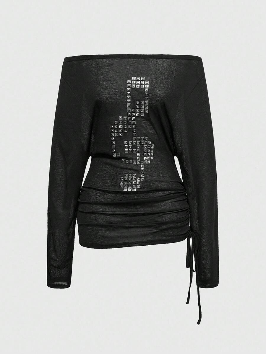 ROMWE Grunge Punk 朋克风交叉铆钉露肩加大码女式长袖T恤 - 黑色 - 查看 1