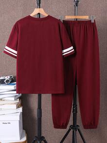 2件套青少年男童休闲简约字母印花圆领套头衫套装，适合夏季、运动、跑步、户外活动