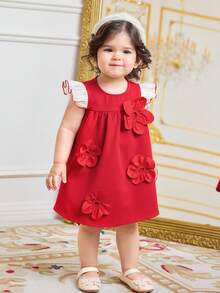 Đầm bé gái dáng chữ A tay ngắn phối màu organza, kiểu dáng thanh lịch, họa tiết hoa 3D, họa tiết tương phản, màu đỏ. - Đỏ - Xem 3