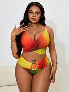 Slaydiva Plus Size Women's Tie Dye Print Front Circular Accent Bikini Swimwear Set - Multicolor - View 3