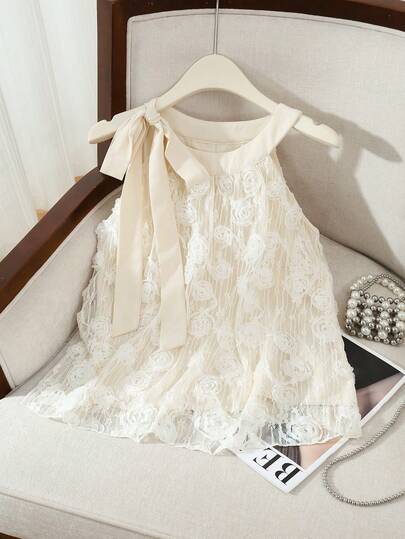 Franclia Blusa de verano elegante francesa con diseño de cuello de lazo y encaje jacquard, versátil y casual en color albaricoque