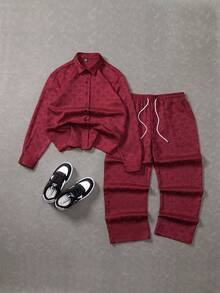 Manfinity EMRG Men's Casual Vacation Style Fashion Jacquard Rhinestone Embellished Long Sleeve Shirt And Drawstring Waist Long Pants Set, Spring/Autumn - Red - View 4