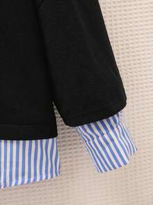 SHEIN CURVE+ Plus Size Women Striped Lapel Long Sleeve Casual Patchwork Sweatshirt Winter Fall Autumn Curve Plus Tops - Baby Blue - View 3