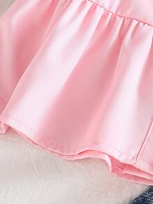 SHEIN Vintaside Kids Bộ 2 món cho bé gái mùa hè & thu, kiểu dáng thường ngày, trang trí nơ, gồm áo tay ngắn và quần short jeans. - Hồng - Xem 4