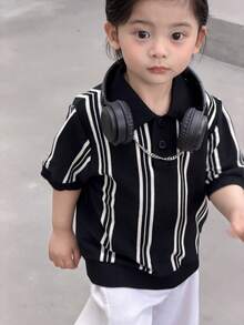 DAZY 幼儿男童条纹 Polo 领短袖针织上衣，春夏款 - 黑色 - 查看 6