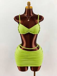 Amplova Bộ đồ 2 món gợi cảm dành cho nữ: Áo croptop xếp ly màu xanh neon và chân váy mini ôm sát xếp ly. - màu xanh lá - Xem 3