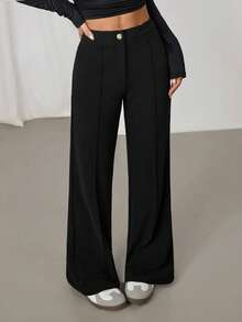 SHEIN PETITE Solid High Waist Seam Detail Black Pants - Black - View 7