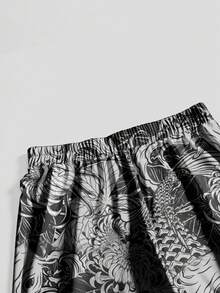 ROMWE Avant Quần ống rộng dáng suông kiểu Trung Quốc mới, cỡ lớn, in hình cá chép và hoa cúc. - màu đen - Xem 4