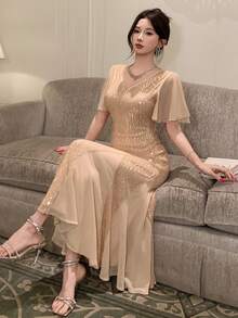 DAZY Đầm đuôi cá tay bồng đính sequin lấp lánh sang trọng dành cho nữ, đầm dự tiệc cưới mùa hè, đầm lấp lánh, đầm mùa hè. - Màu be - Xem 4