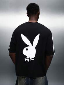 PLAYBOY X SUMWON 男士条纹短袖圆领T恤，白色侧条纹印花，常规版型休闲纯棉T恤 - 黑色 - 查看 5