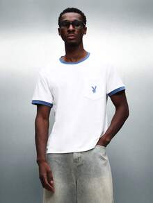 PLAYBOY X SUMWON Men Logo Contrast Trim Short Sleeve Crew Neck Pocket Tee Casual Cotton Regular Fit Summer Spring T-Shirt - White - View 4