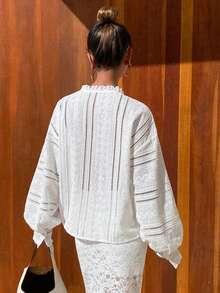 Livesso Women's Casual Lace Patchwork Puff Sleeve Shirt, Autumn/Winter - White - View 2